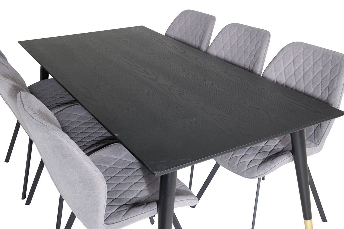 Dipp matbord 180*90cm svart/svart mässing med 6 Gemma matstolar svarta ben grå tyg