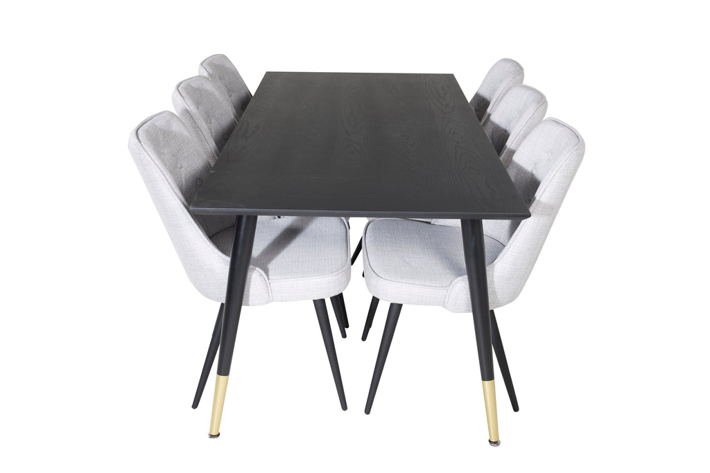 Dipp matbord 180*90cm svart/svart mässing med 6 Velvet Deluxe matstolar svarta ben ljusgrå tyg