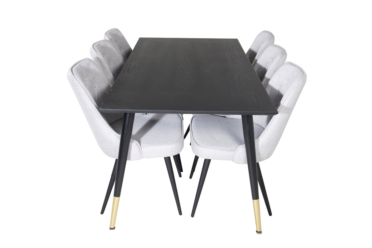 Dipp matbord 180*90cm svart/svart mässing med 6 Velvet Deluxe matstolar svarta ben ljusgrå tyg