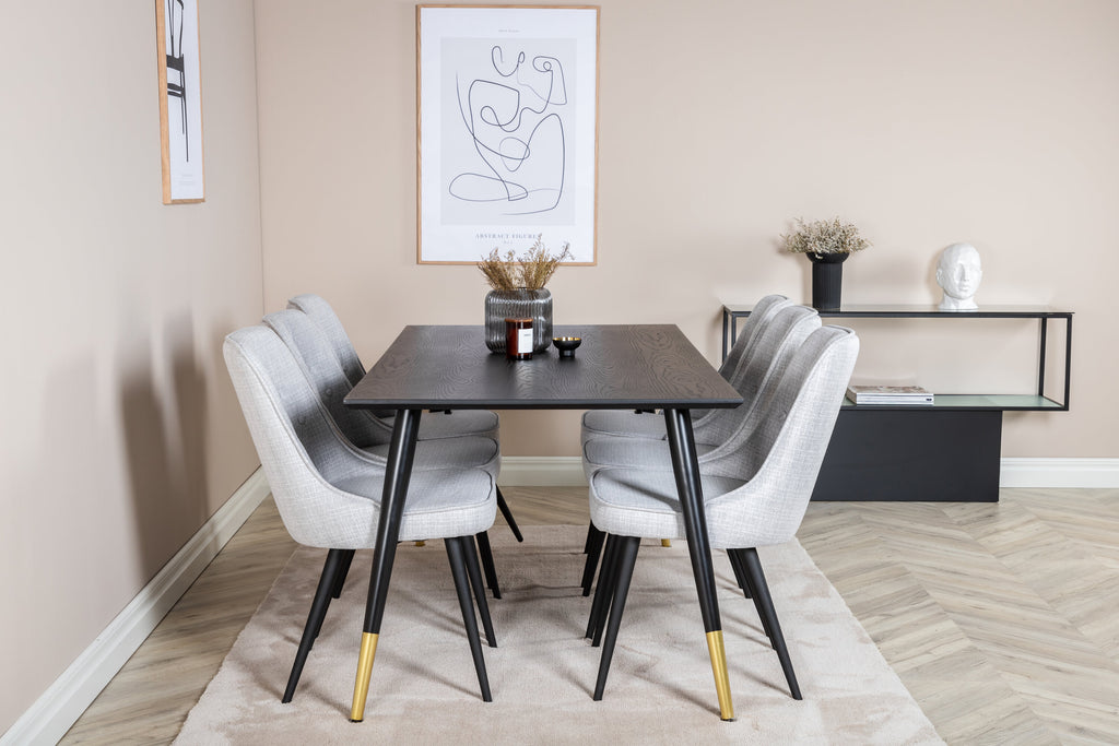 Dipp matbord 180*90cm svart/svart mässing med 6 Velvet Deluxe matstolar svarta ben ljusgrå tyg