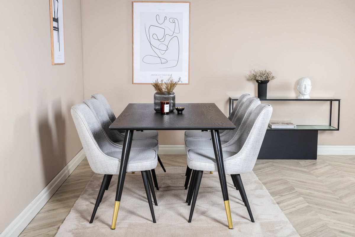 Dipp matbord 180*90cm svart/svart mässing med 6 Velvet Deluxe matstolar svarta ben ljusgrå tyg
