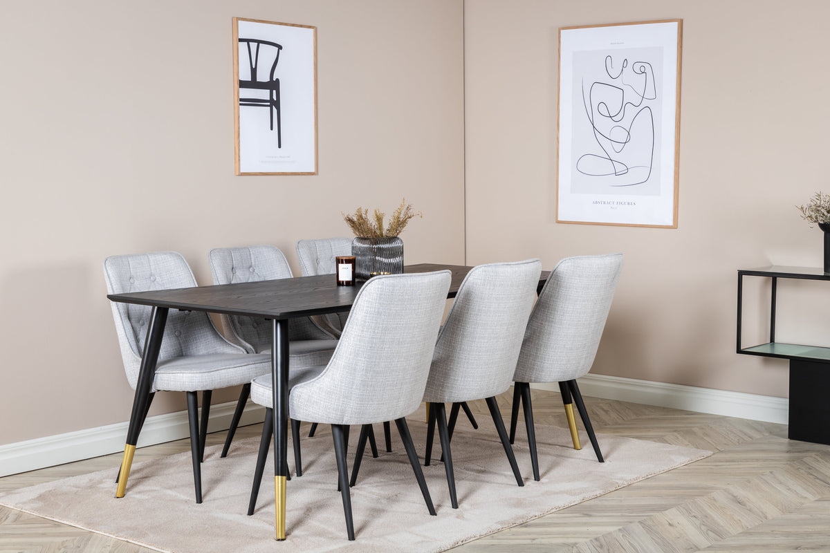 Dipp matbord 180*90cm svart/svart mässing med 6 Velvet Deluxe matstolar svarta ben ljusgrå tyg
