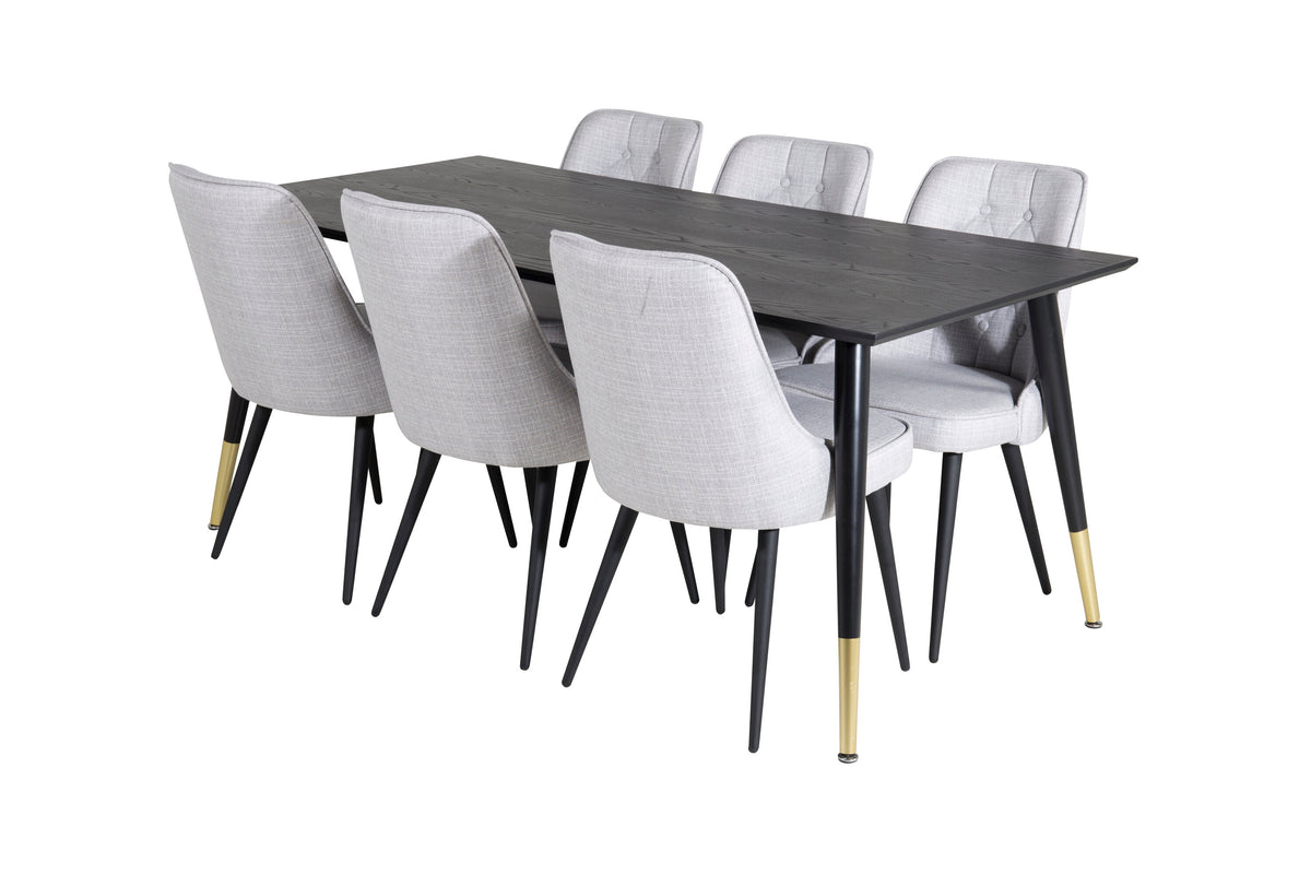 Dipp matbord 180*90cm svart/svart mässing med 6 Velvet Deluxe matstolar svarta ben ljusgrå tyg
