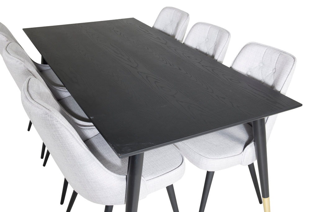 Dipp matbord 180*90cm svart/svart mässing med 6 Velvet Deluxe matstolar svarta ben ljusgrå tyg