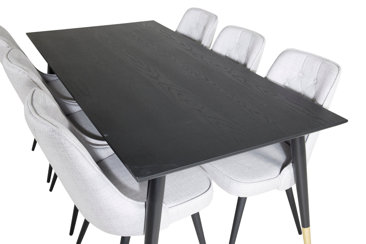Dipp matbord 180*90cm svart/svart mässing med 6 Velvet Deluxe matstolar svarta ben ljusgrå tyg