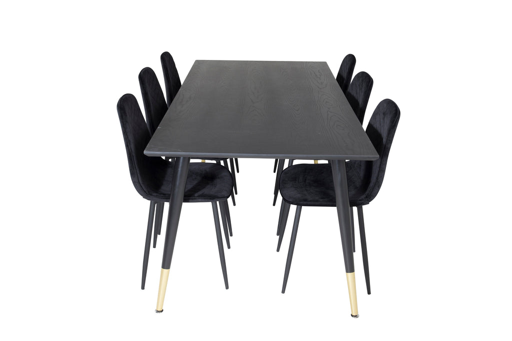 Dipp matbord 180*90cm svart/svart mässing med 6 Polar Diamond matstolar svarta ben svart sammet