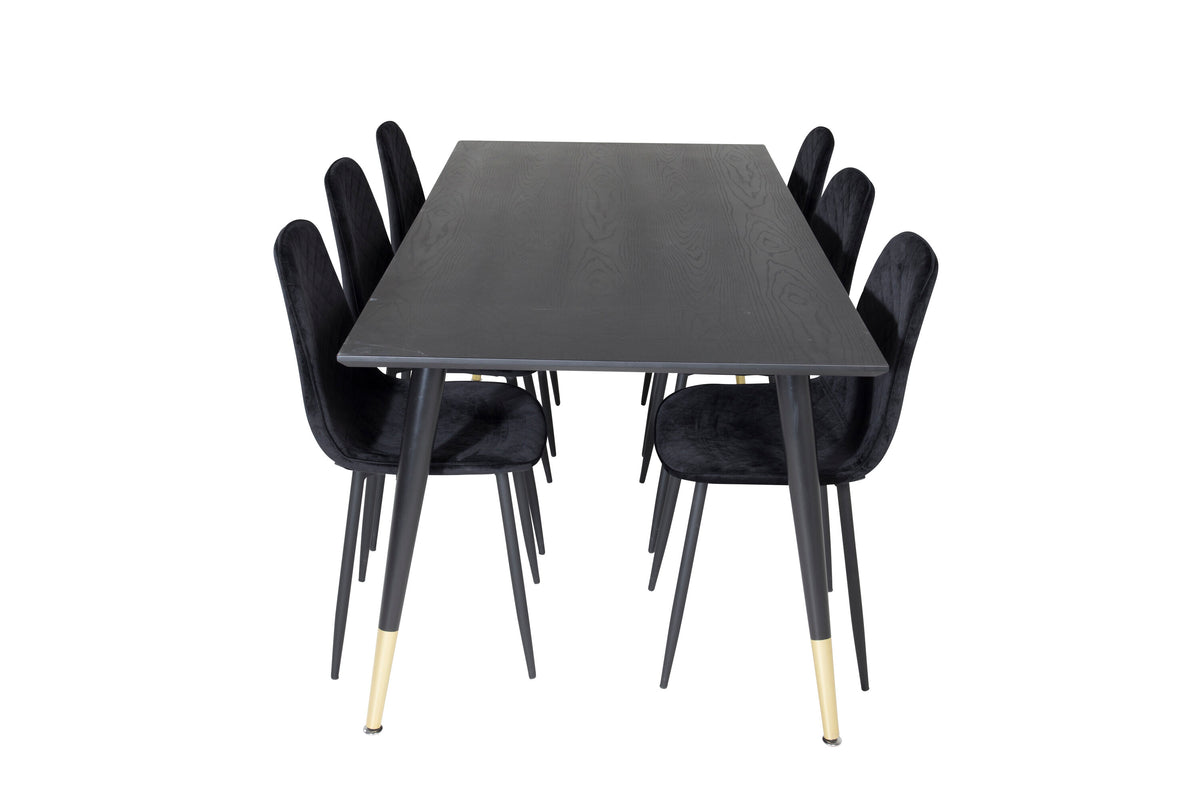 Dipp matbord 180*90cm svart/svart mässing med 6 Polar Diamond matstolar svarta ben svart sammet