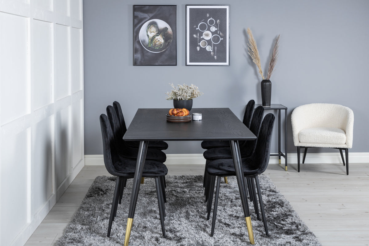 Dipp matbord 180*90cm svart/svart mässing med 6 Polar Diamond matstolar svarta ben svart sammet