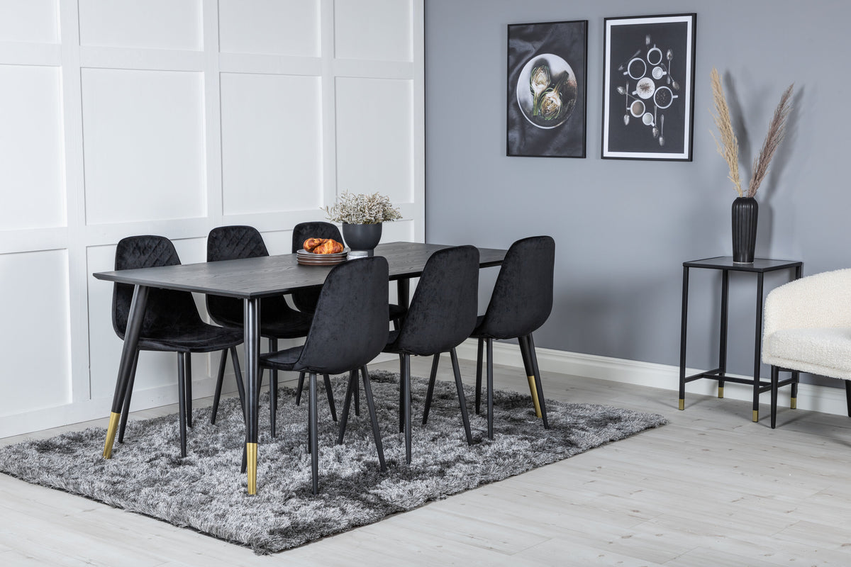 Dipp matbord 180*90cm svart/svart mässing med 6 Polar Diamond matstolar svarta ben svart sammet