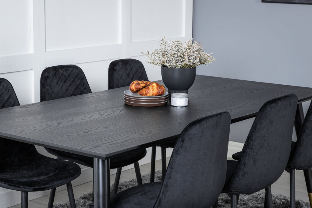 Dipp matbord 180*90cm svart/svart mässing med 6 Polar Diamond matstolar svarta ben svart sammet