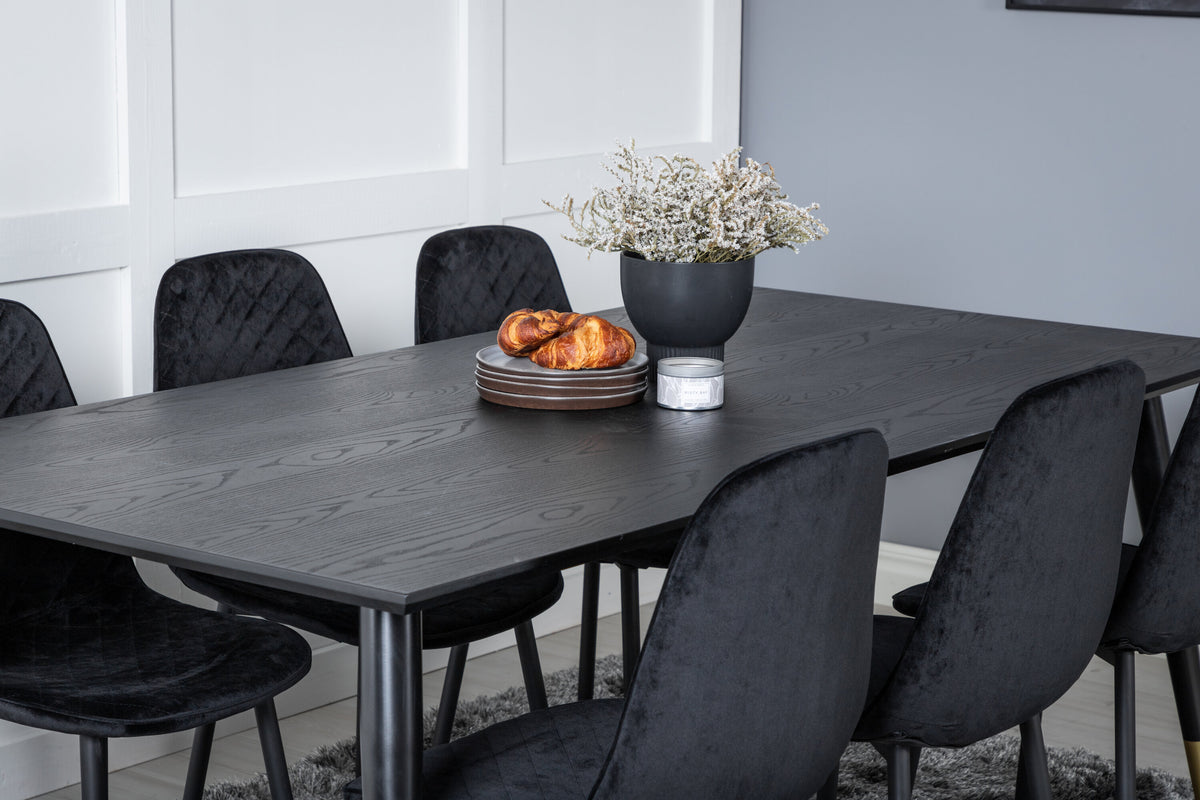 Dipp matbord 180*90cm svart/svart mässing med 6 Polar Diamond matstolar svarta ben svart sammet