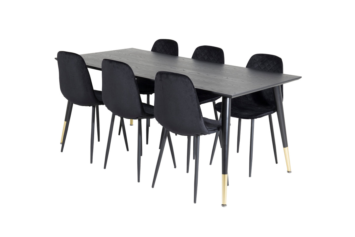 Dipp matbord 180*90cm svart/svart mässing med 6 Polar Diamond matstolar svarta ben svart sammet