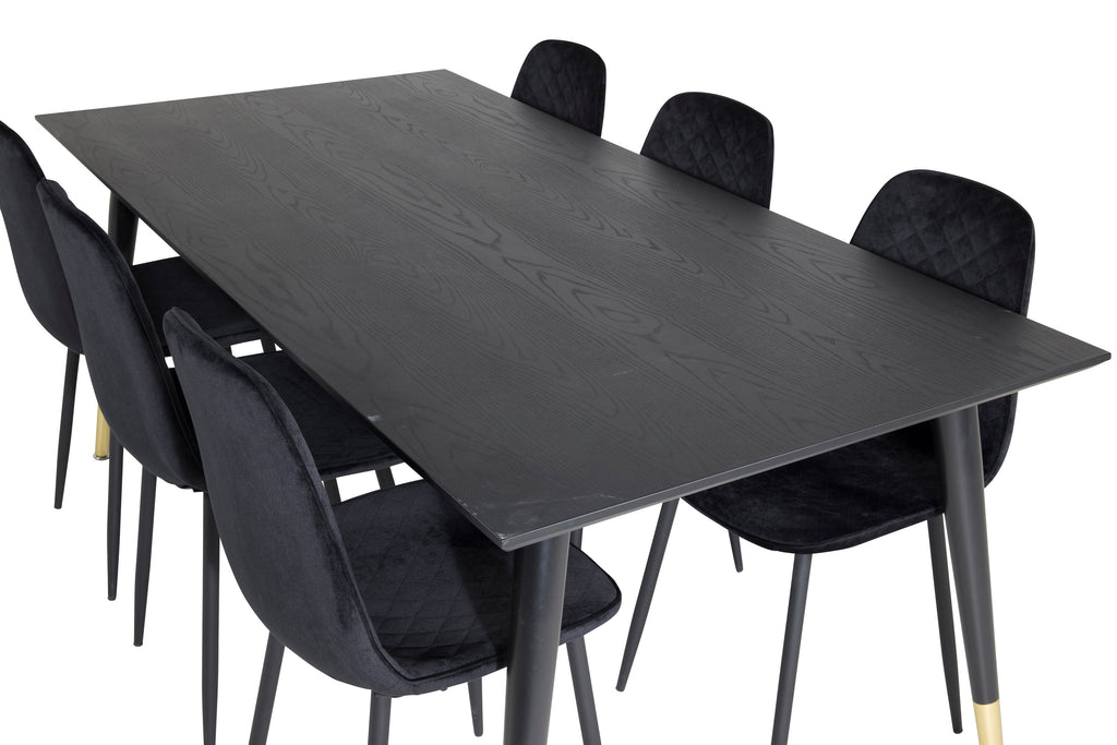 Dipp matbord 180*90cm svart/svart mässing med 6 Polar Diamond matstolar svarta ben svart sammet