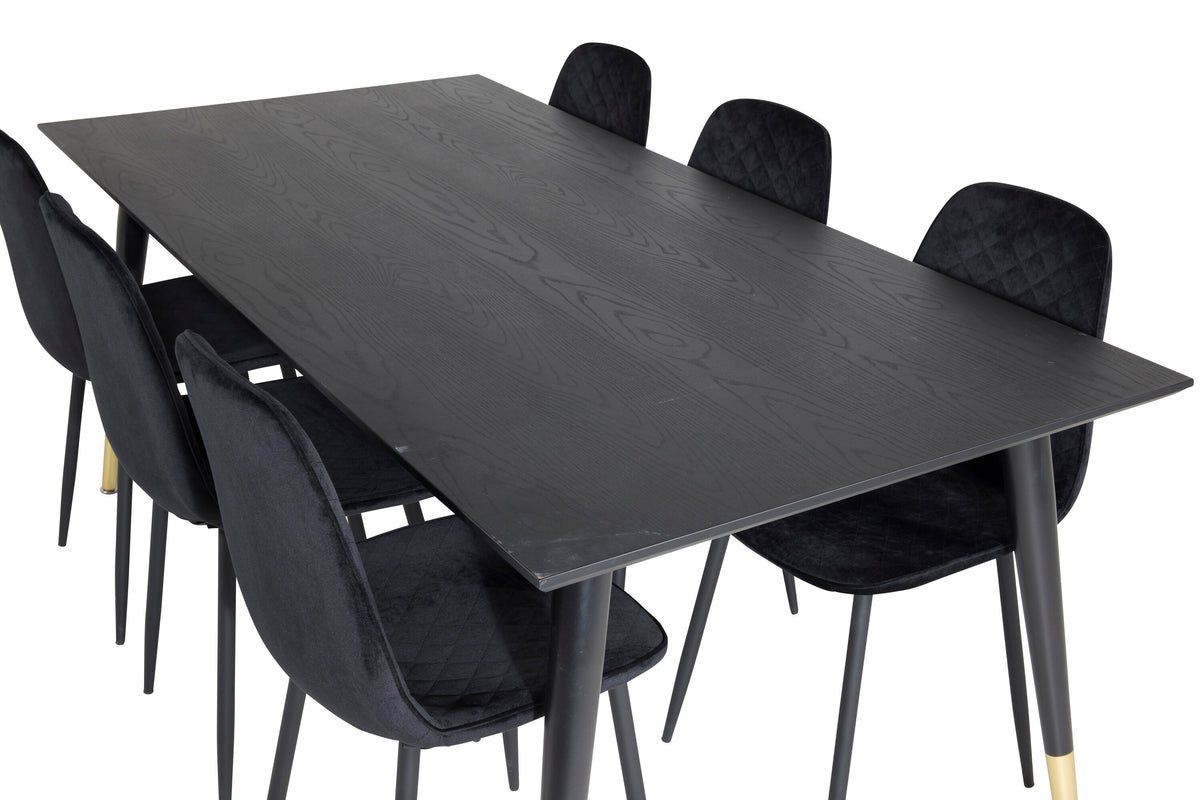 Dipp matbord 180*90cm svart/svart mässing med 6 Polar Diamond matstolar svarta ben svart sammet