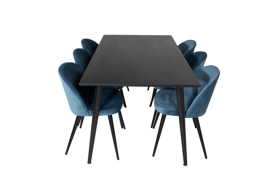 Dipp matgrupp med 6 Velvet-stolar 180x90 cm svart faner och blå sammet