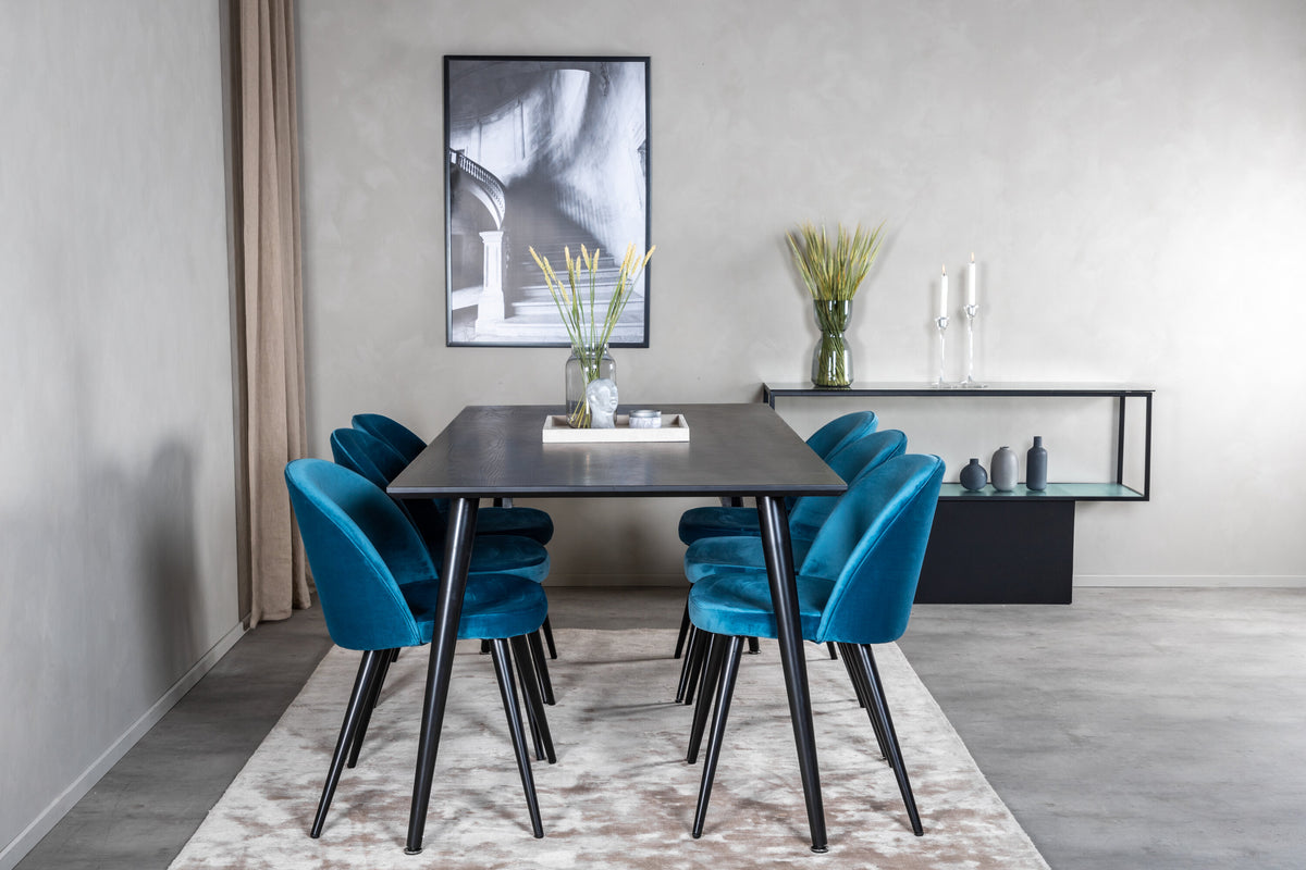 Dipp matgrupp med 6 Velvet-stolar 180x90 cm svart faner och blå sammet