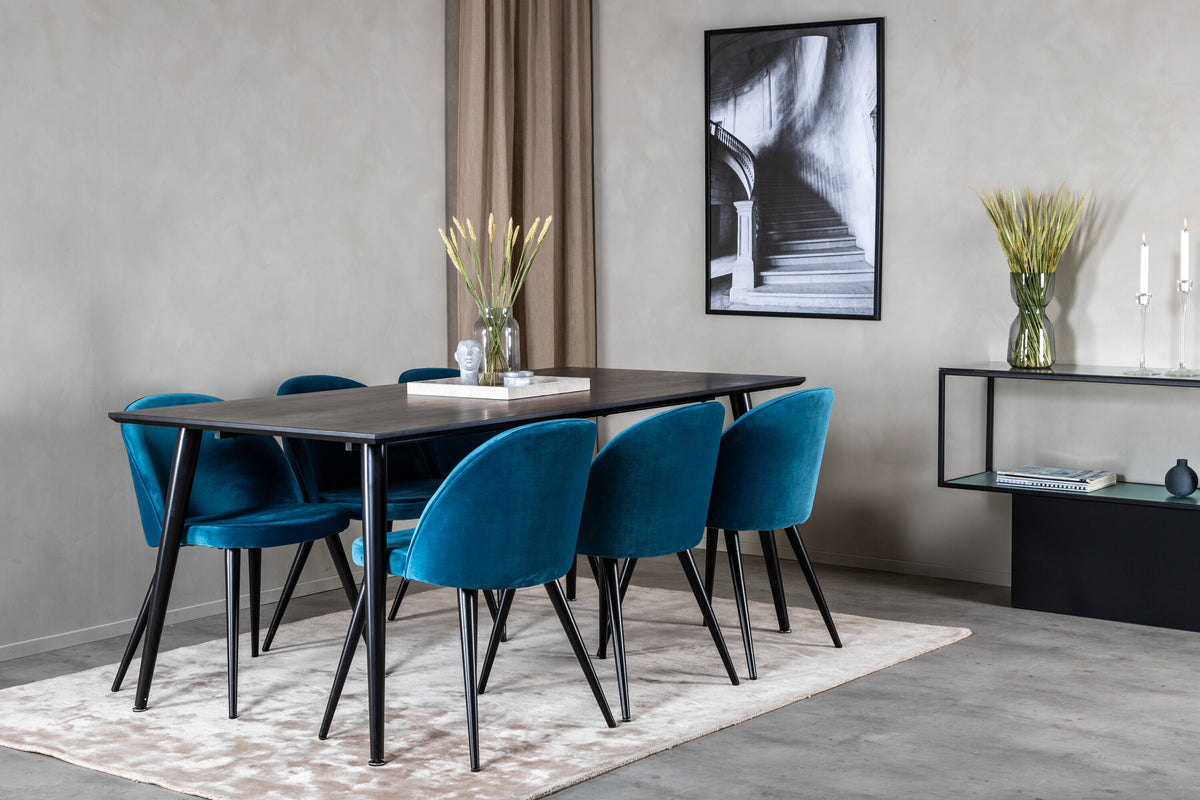 Dipp matgrupp med 6 Velvet-stolar 180x90 cm svart faner och blå sammet