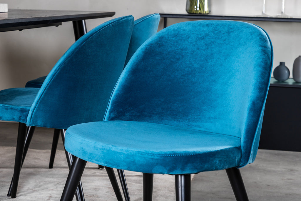 Dipp matgrupp med 6 Velvet-stolar 180x90 cm svart faner och blå sammet