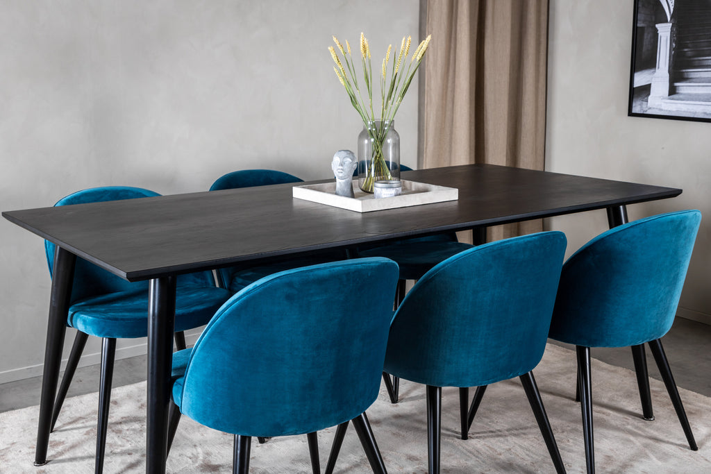 Dipp matgrupp med 6 Velvet-stolar 180x90 cm svart faner och blå sammet