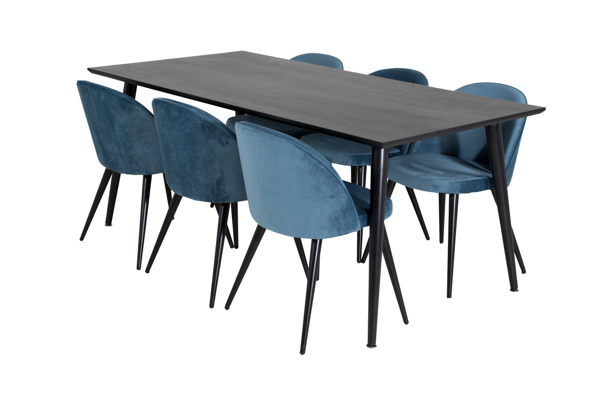Dipp matgrupp med 6 Velvet-stolar 180x90 cm svart faner och blå sammet