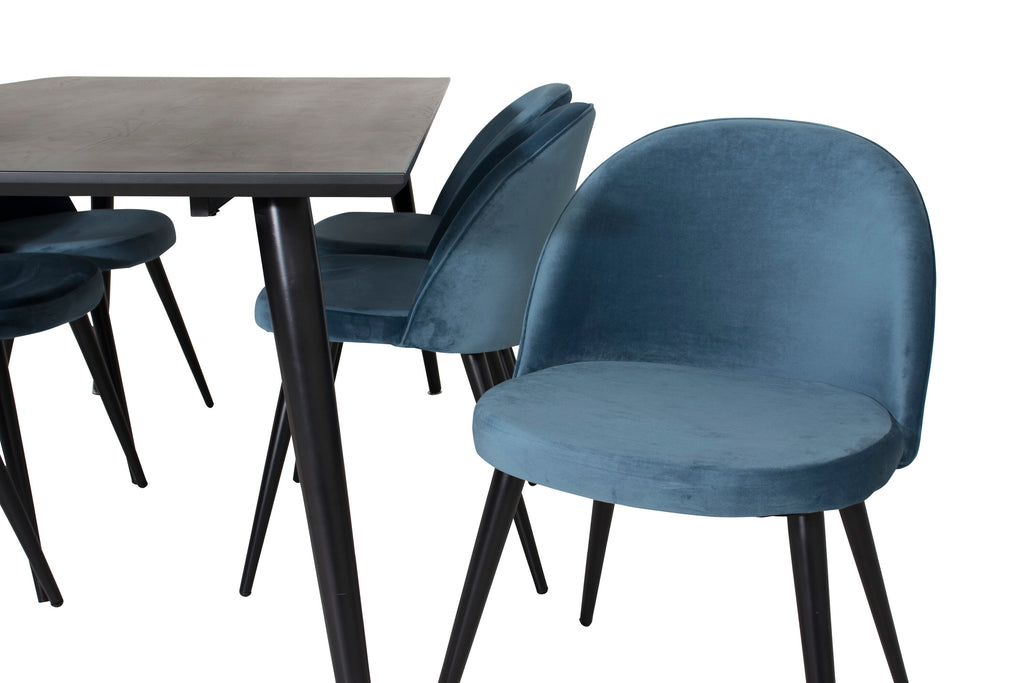 Dipp matgrupp med 6 Velvet-stolar 180x90 cm svart faner och blå sammet