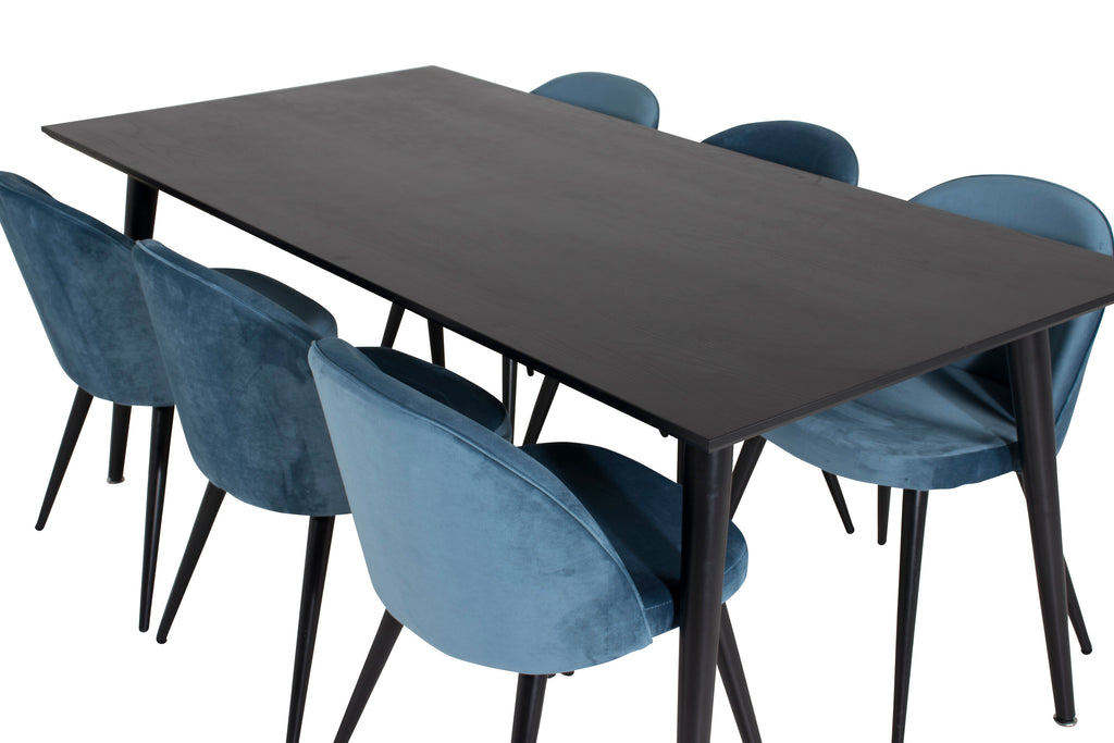 Dipp matgrupp med 6 Velvet-stolar 180x90 cm svart faner och blå sammet