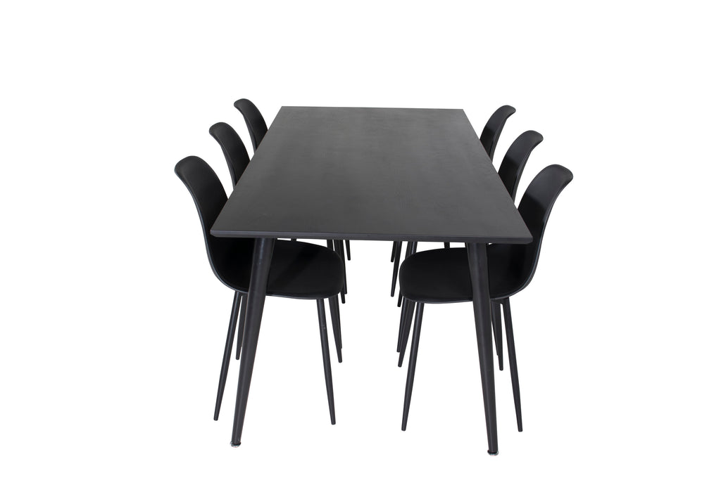 Dipp matbord 180x90cm svart faner med helt svarta ben och 6 Polar Plastic matstolar svarta ben svart plast