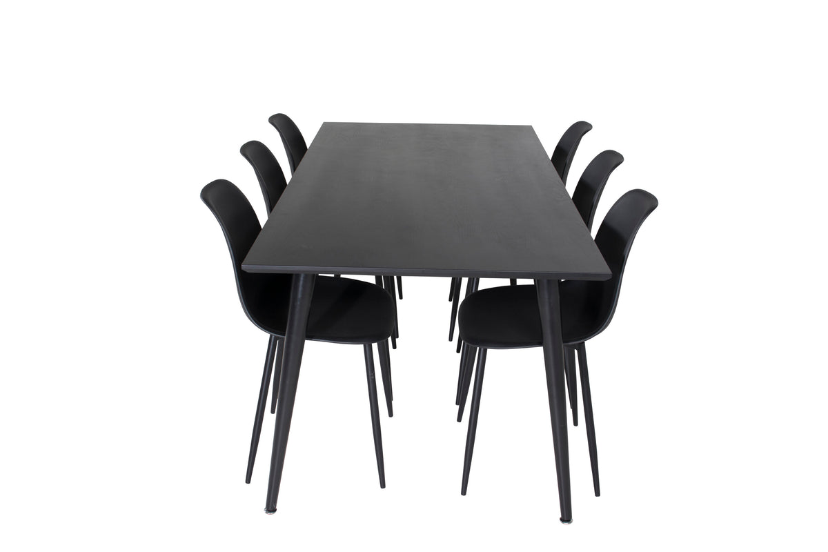 Dipp matbord 180x90cm svart faner med helt svarta ben och 6 Polar Plastic matstolar svarta ben svart plast