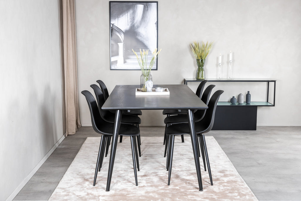 Dipp matbord 180x90cm svart faner med helt svarta ben och 6 Polar Plastic matstolar svarta ben svart plast