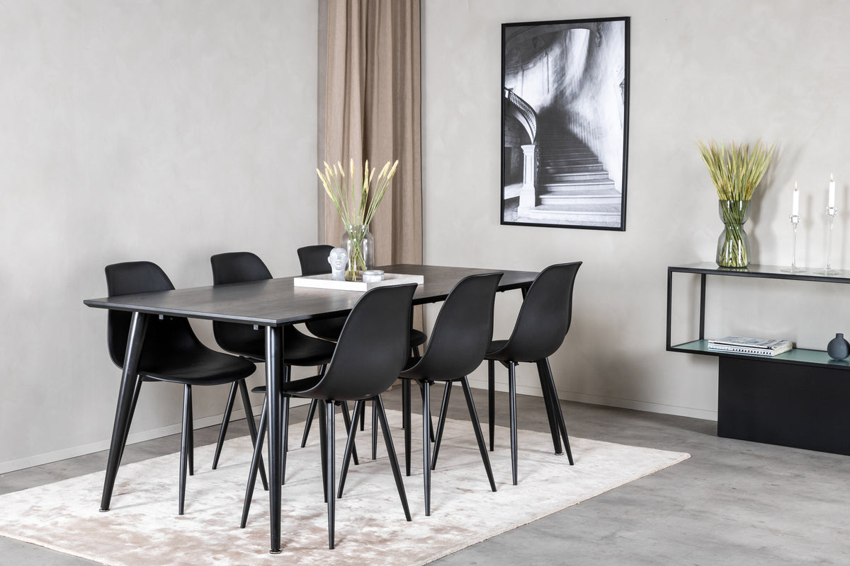 Dipp matbord 180x90cm svart faner med helt svarta ben och 6 Polar Plastic matstolar svarta ben svart plast