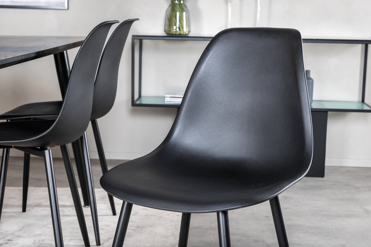 Dipp matbord 180x90cm svart faner med helt svarta ben och 6 Polar Plastic matstolar svarta ben svart plast
