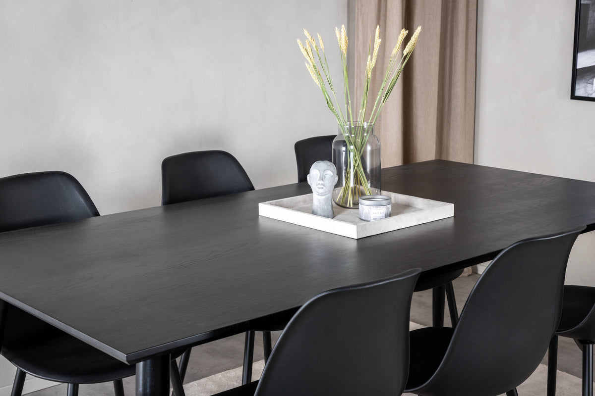 Dipp matbord 180x90cm svart faner med helt svarta ben och 6 Polar Plastic matstolar svarta ben svart plast