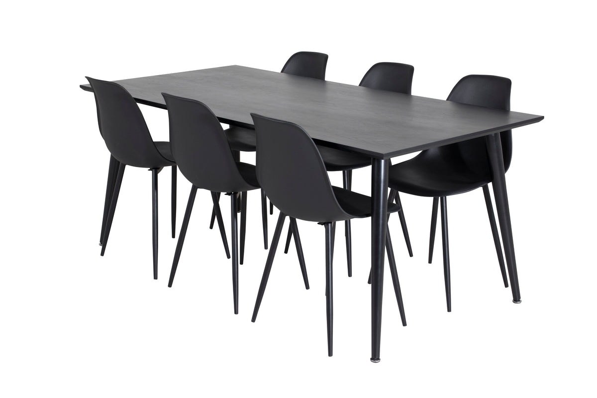 Dipp matbord 180x90cm svart faner med helt svarta ben och 6 Polar Plastic matstolar svarta ben svart plast