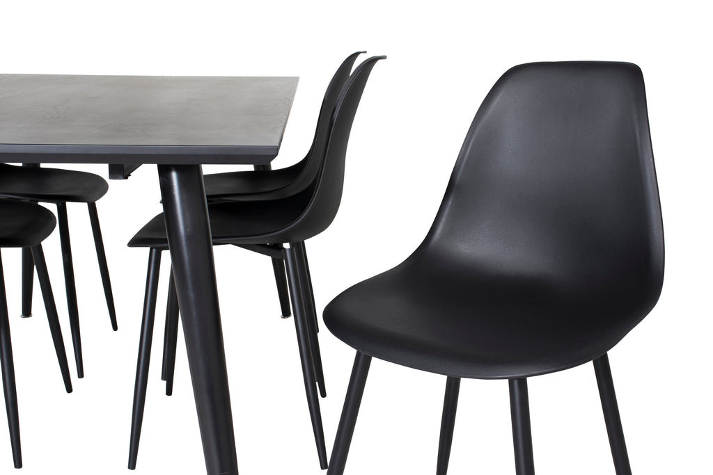 Dipp matbord 180x90cm svart faner med helt svarta ben och 6 Polar Plastic matstolar svarta ben svart plast