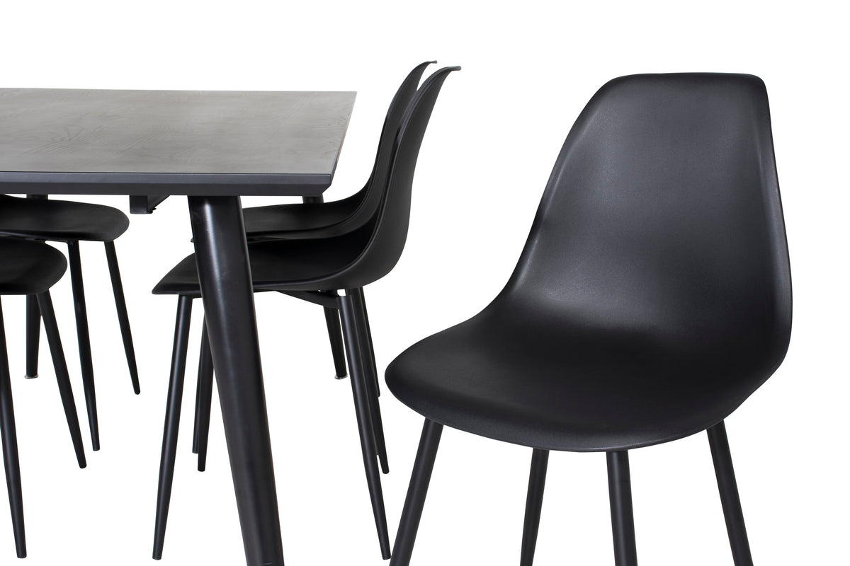 Dipp matbord 180x90cm svart faner med helt svarta ben och 6 Polar Plastic matstolar svarta ben svart plast
