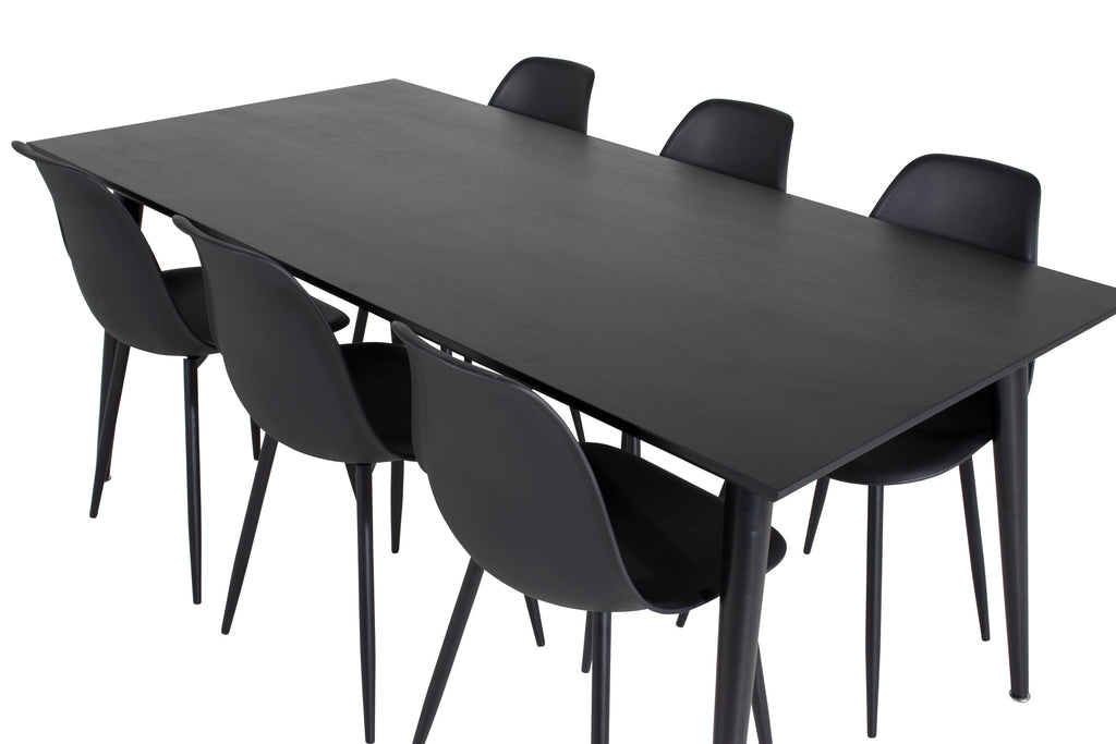 Dipp matbord 180x90cm svart faner med helt svarta ben och 6 Polar Plastic matstolar svarta ben svart plast