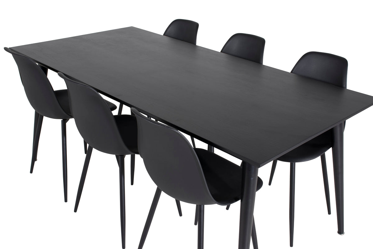 Dipp matbord 180x90cm svart faner med helt svarta ben och 6 Polar Plastic matstolar svarta ben svart plast