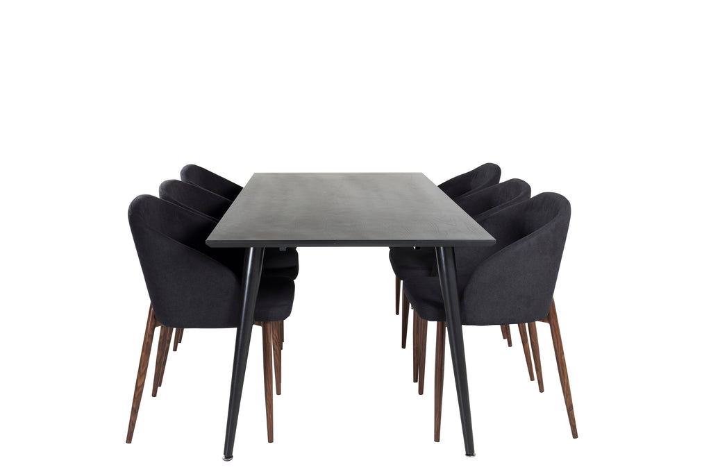 Dipp matbord 180*90cm svart faner/helsvarta ben med 6 Arch matstolar valnötsben svart tyg