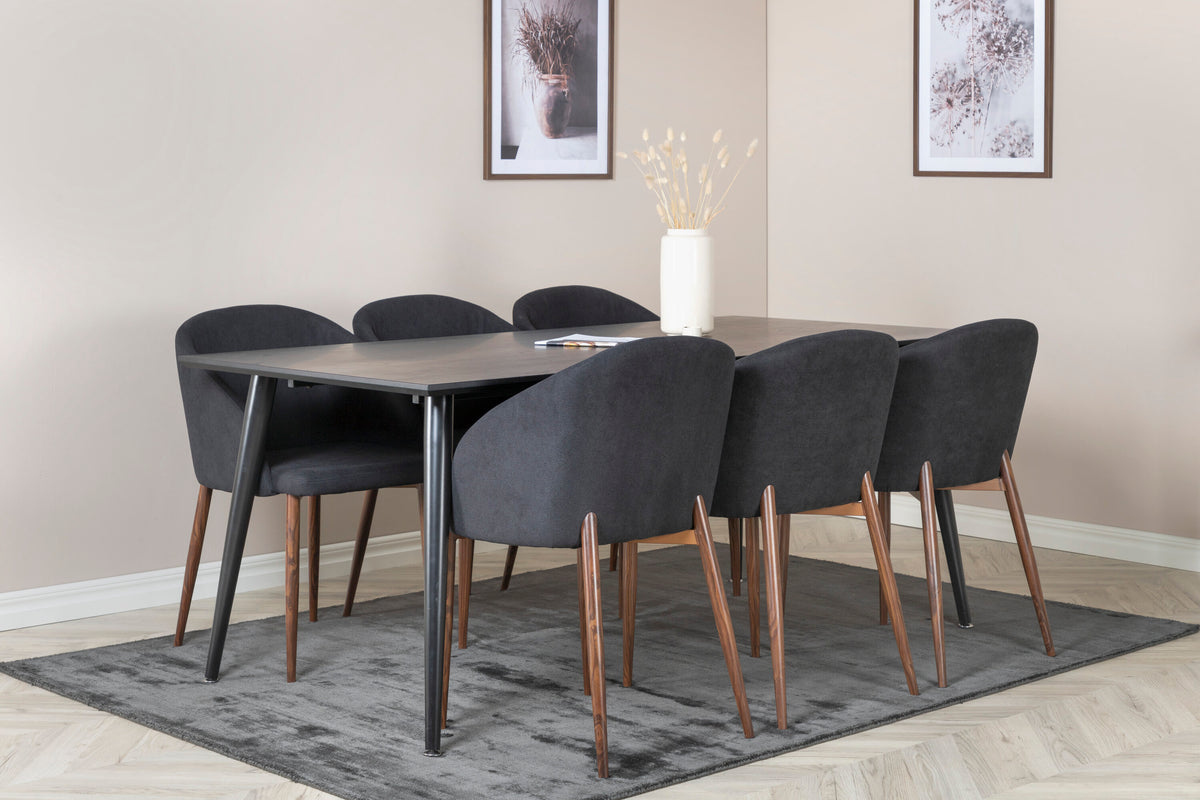 Dipp matbord 180*90cm svart faner/helsvarta ben med 6 Arch matstolar valnötsben svart tyg