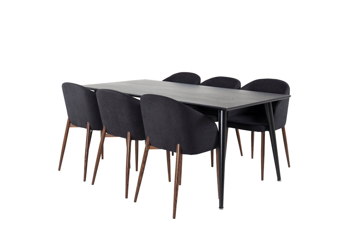 Dipp matbord 180*90cm svart faner/helsvarta ben med 6 Arch matstolar valnötsben svart tyg