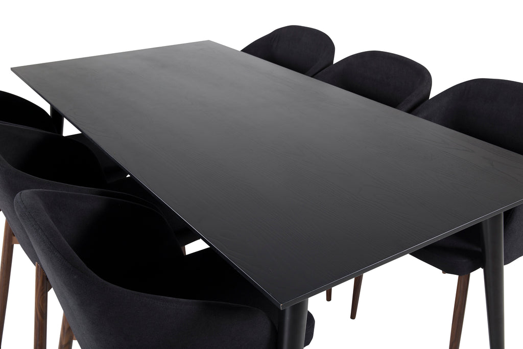 Dipp matbord 180*90cm svart faner/helsvarta ben med 6 Arch matstolar valnötsben svart tyg