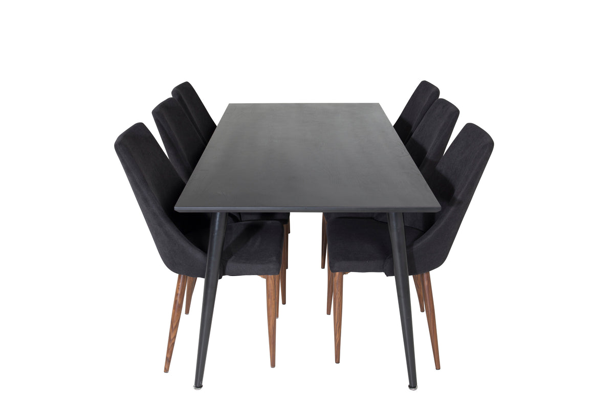 Dipp matbord 180*90cm svart faner/helsvarta ben med 6 Leone matstolar valnötsben svart tyg