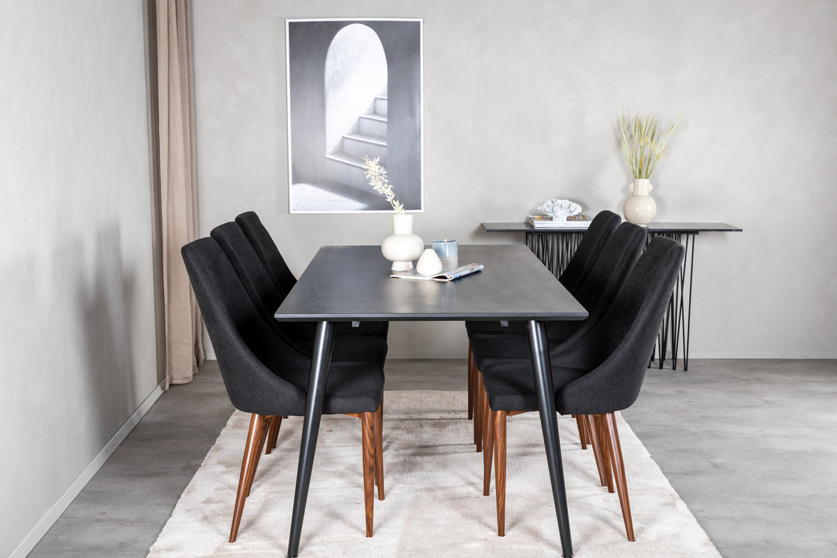 Dipp matbord 180*90cm svart faner/helsvarta ben med 6 Leone matstolar valnötsben svart tyg