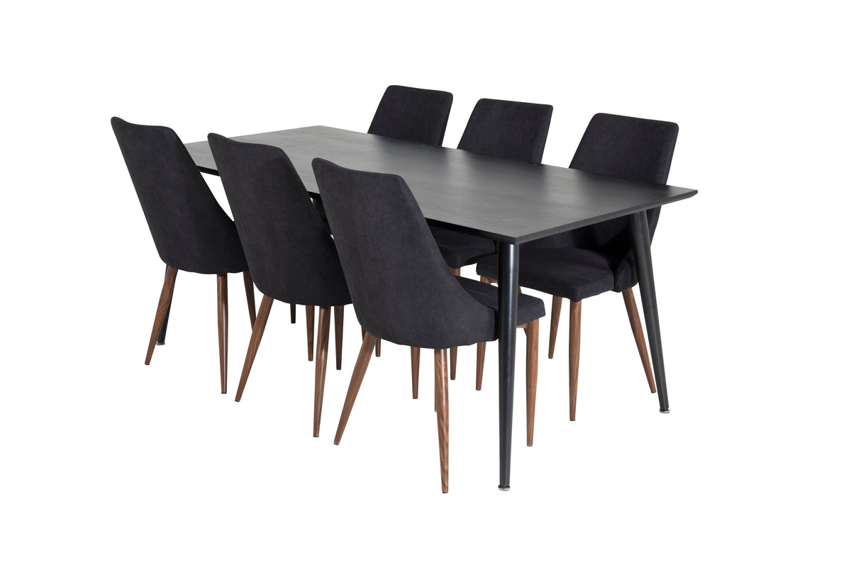 Dipp matbord 180*90cm svart faner/helsvarta ben med 6 Leone matstolar valnötsben svart tyg