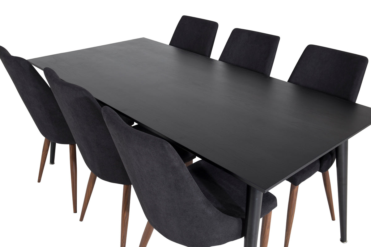 Dipp matbord 180*90cm svart faner/helsvarta ben med 6 Leone matstolar valnötsben svart tyg