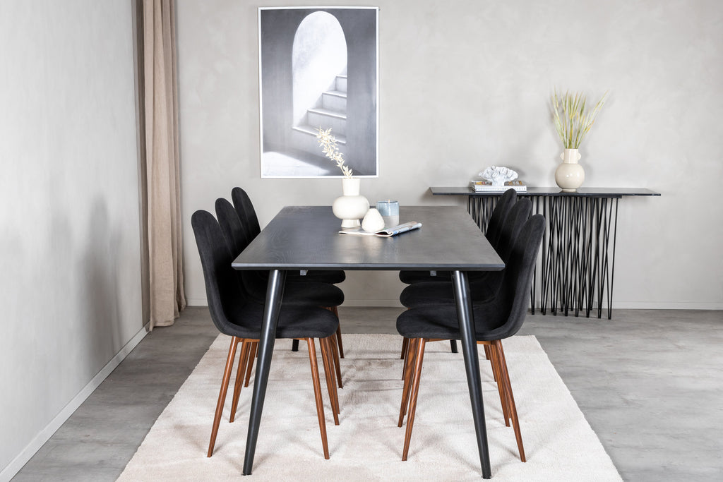 Dipp matbord 180*90cm svart faner/helsvarta ben med 6 Polar matstolar valnötsben svart tyg