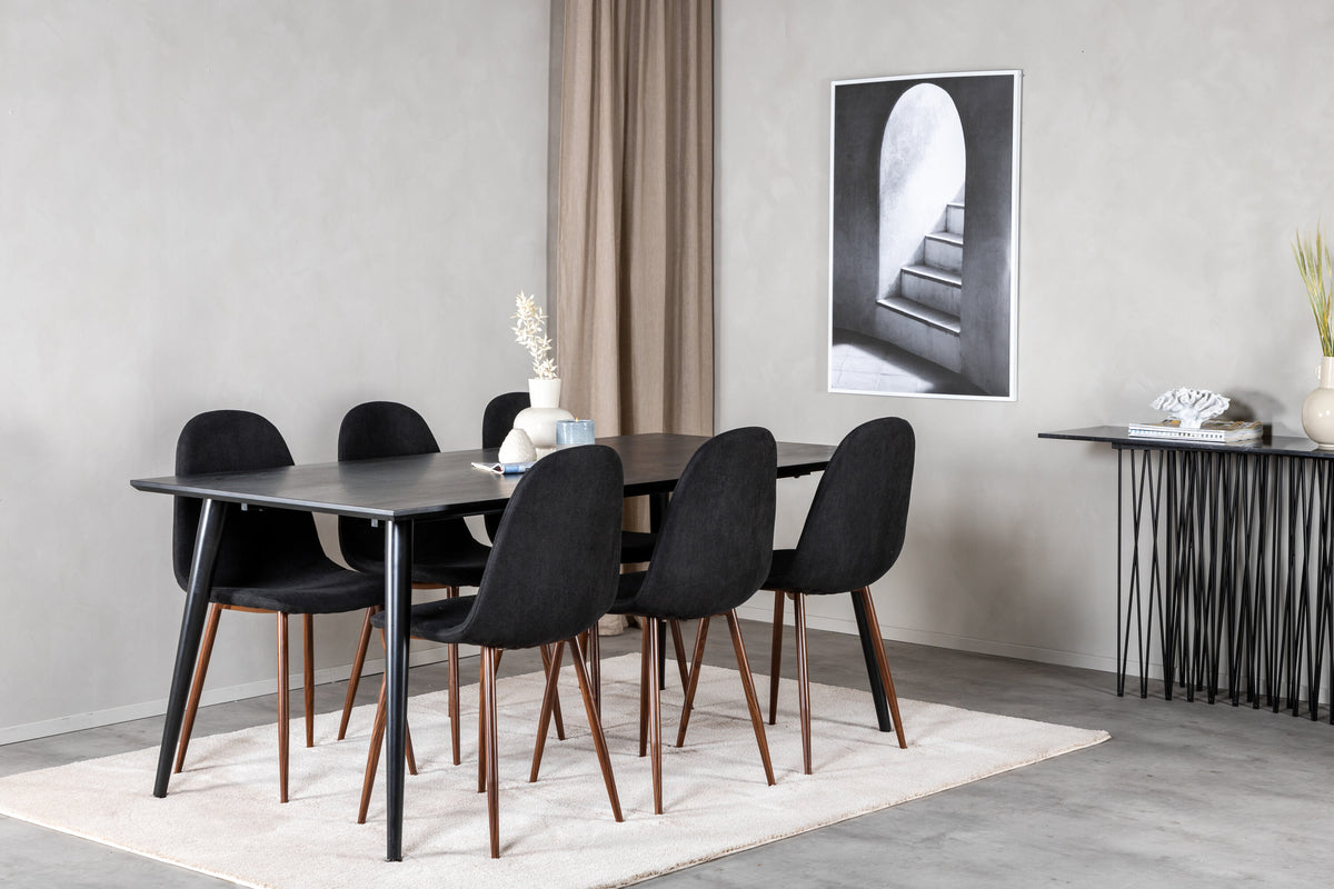 Dipp matbord 180*90cm svart faner/helsvarta ben med 6 Polar matstolar valnötsben svart tyg