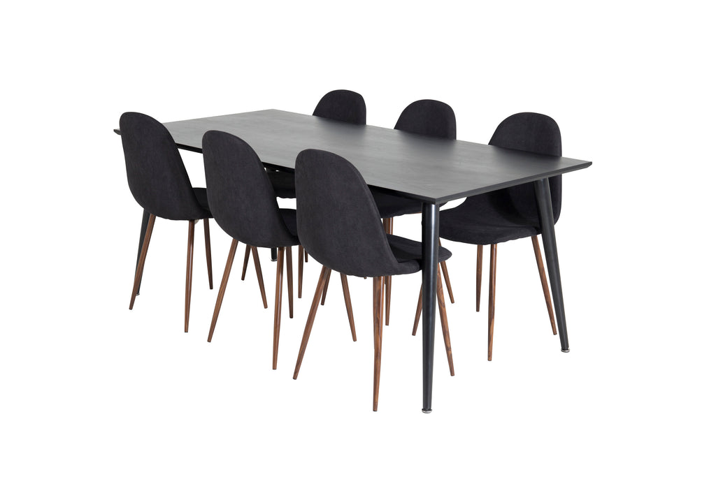 Dipp matbord 180*90cm svart faner/helsvarta ben med 6 Polar matstolar valnötsben svart tyg