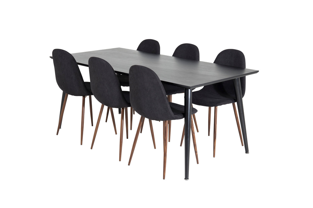 Dipp matbord 180*90cm svart faner/helsvarta ben med 6 Polar matstolar valnötsben svart tyg
