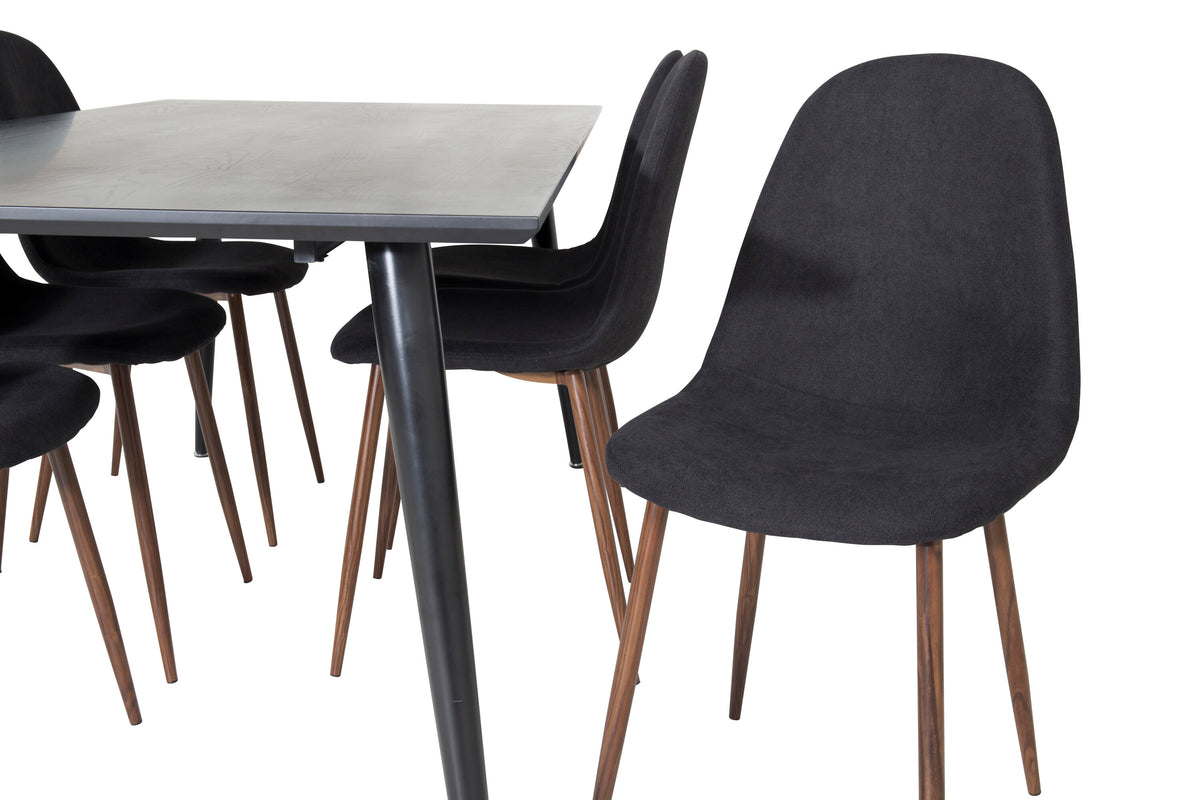 Dipp matbord 180*90cm svart faner/helsvarta ben med 6 Polar matstolar valnötsben svart tyg